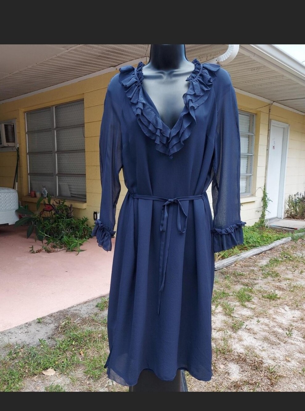 Tory Burch Navy Ruffle V-Neck Long Sleeve Dress with Tie Waist